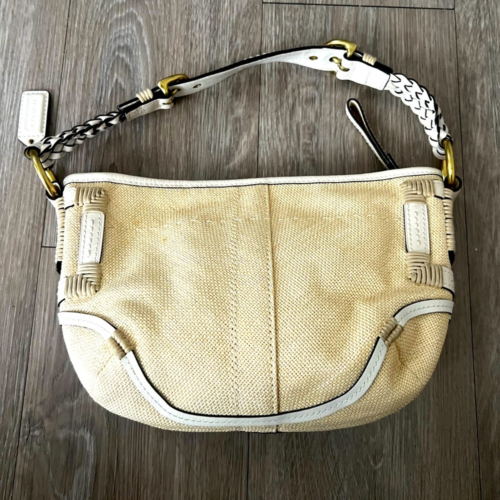 Coach Raffia Straw Wicker Shoulder Bag Purse Beige/White Braided Leather Strap